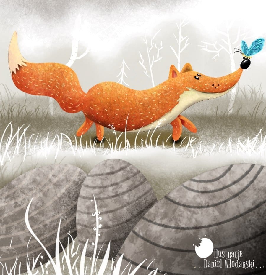 ilustracja dla dzieci lis i motyl
